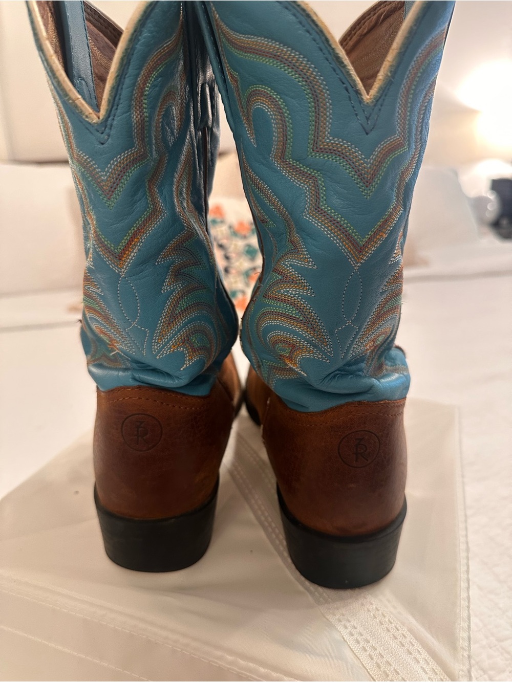 Vintage Tony Lama Brown Leather Boots with Turquoise Shaft and Stitching - Picture 4 of 9